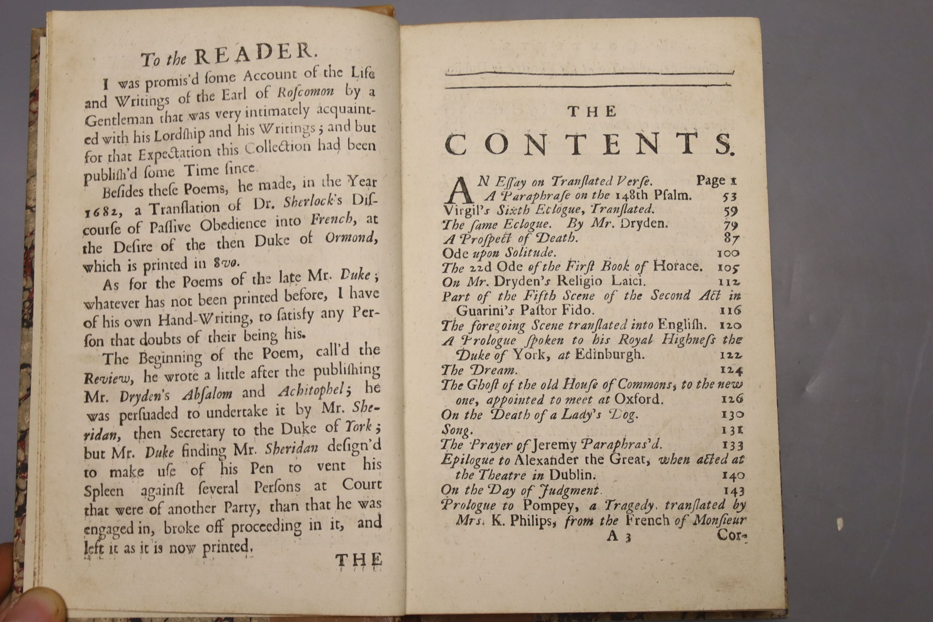 Roscommon, Earl of. – Poems To which is added, An Essay on Poetry …, together with Poems by Mr Richard Duke